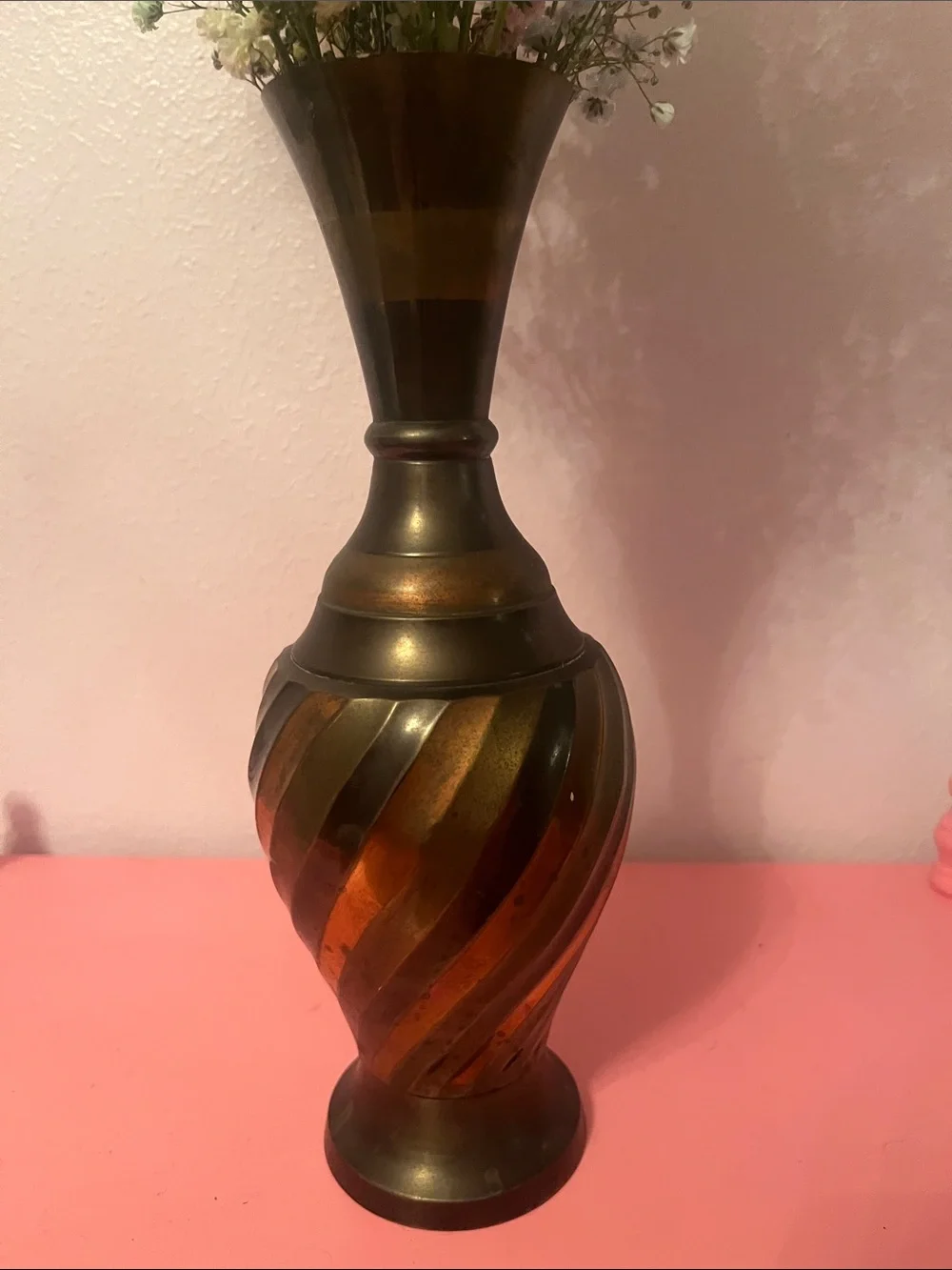 Tricolored vintage brass vase made in India 10.5 inches tall